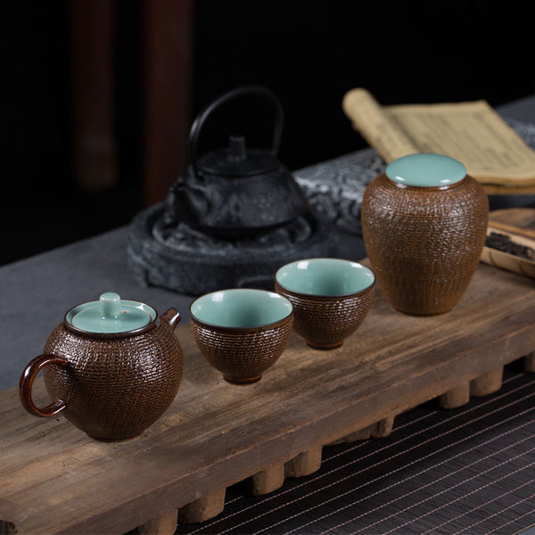 Japanese Style Tea Set, Handmade Chatter Mark Tea Set, 2 Cups Teapot, Longquan Celadon