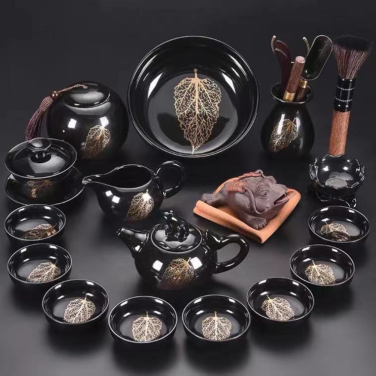 Chinese Tea Set Traditional, Black And Gold Color Teapot, Complete Kungfu Tea Set, 17 PCs Included