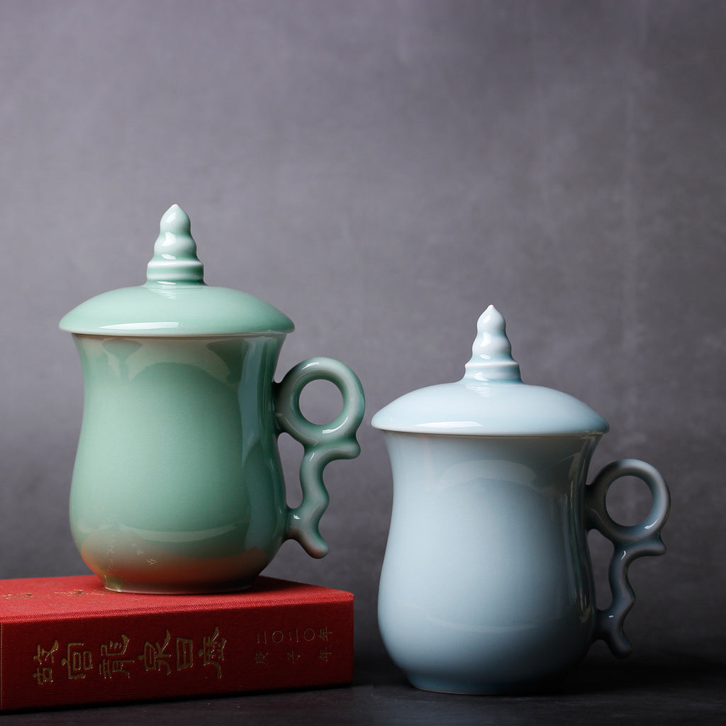 Oriarm Chinese Porcelain Tea Cup With Infuser and Lid, China Ceramic Tea  Mug Set Longquan Celadon Gift Ware 