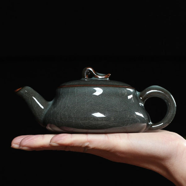 Pure Handmade Porcelain Tea Set, One Teapot Two Cup, Longquan Celadon, dark blue color