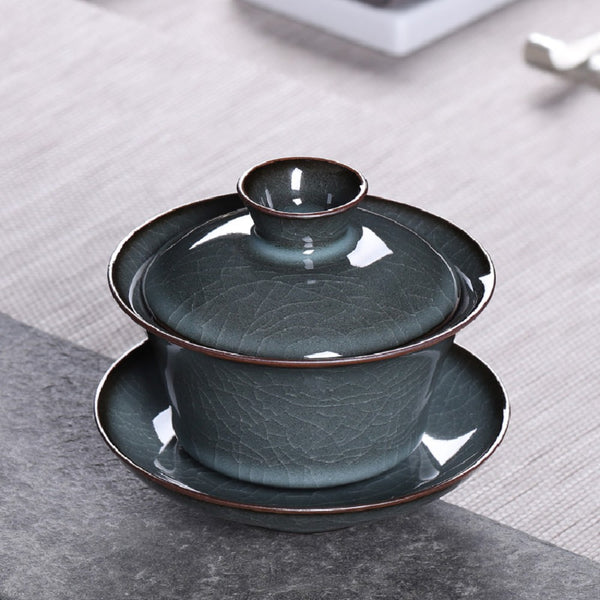 Pure Handmade Porcelain Tea Cup, Gaiwan, Longquan Celadon, dark blue color
