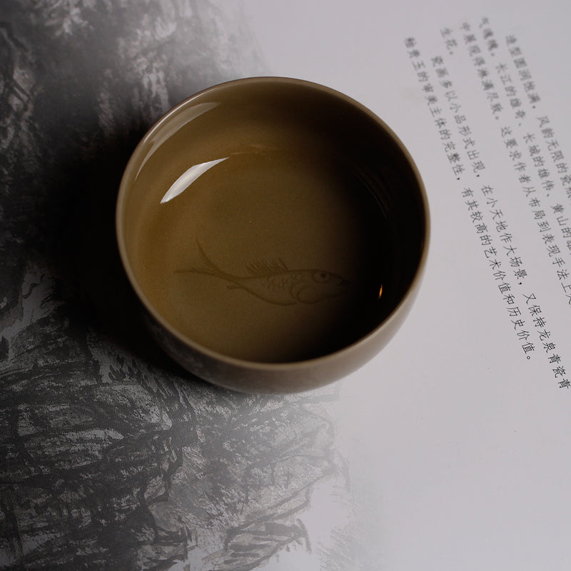 Japanese Style Tea Cup, Handmade Tea Cup, Fish Cup Longquan Celadon