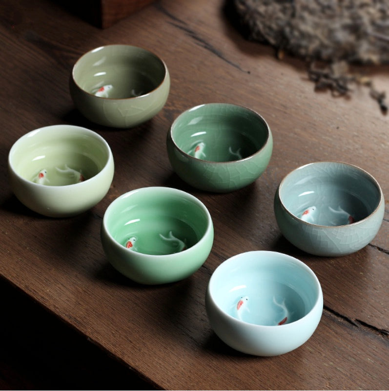 Vintage Tea Cup, Traditional Chinese Tea Cups, Small Fish Cup, Longquan Celadon, 6 Cups In 1 Set