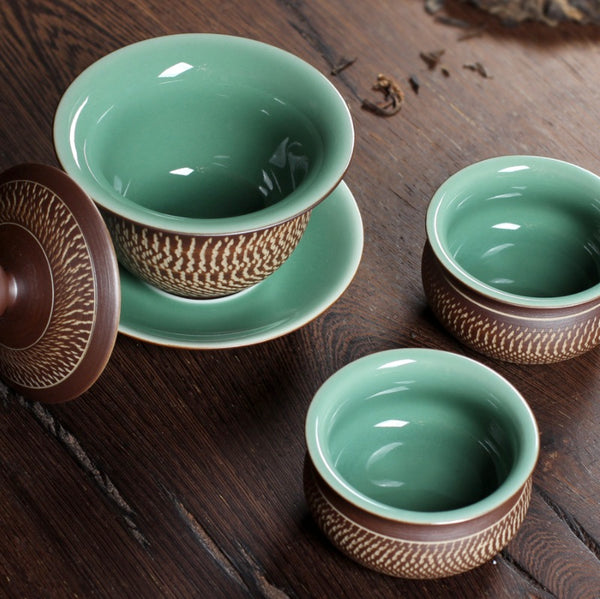 Chinese Tea Set, Pure Handmade Tea Set, 2 Cup Gaiwan, Longquan Celadon