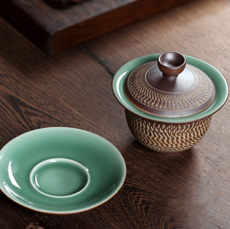 Chinese Tea Set, Pure Handmade Tea Set, 2 Cup Gaiwan, Longquan Celadon