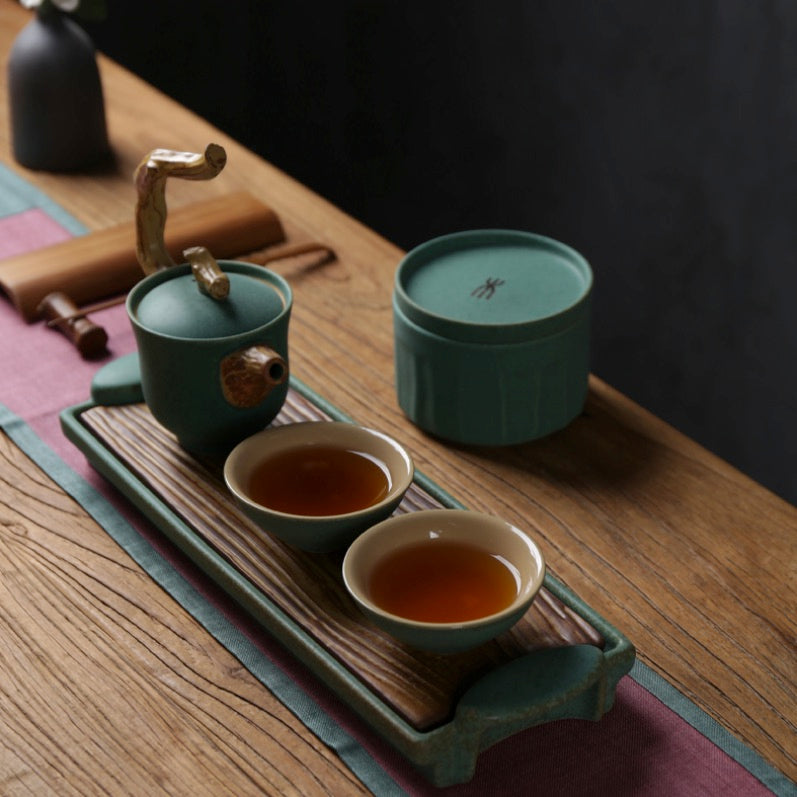 Japanese Style Tea Set, Teapot With Wooden Handle, Zen Tea Set With Tray, Green Ceramic Teapot, 2 Cups