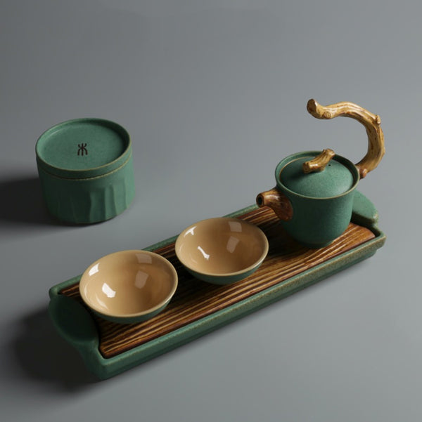 Japanese Style Tea Set, Teapot With Wooden Handle, Zen Tea Set With Tray, Green Ceramic Teapot, 2 Cups