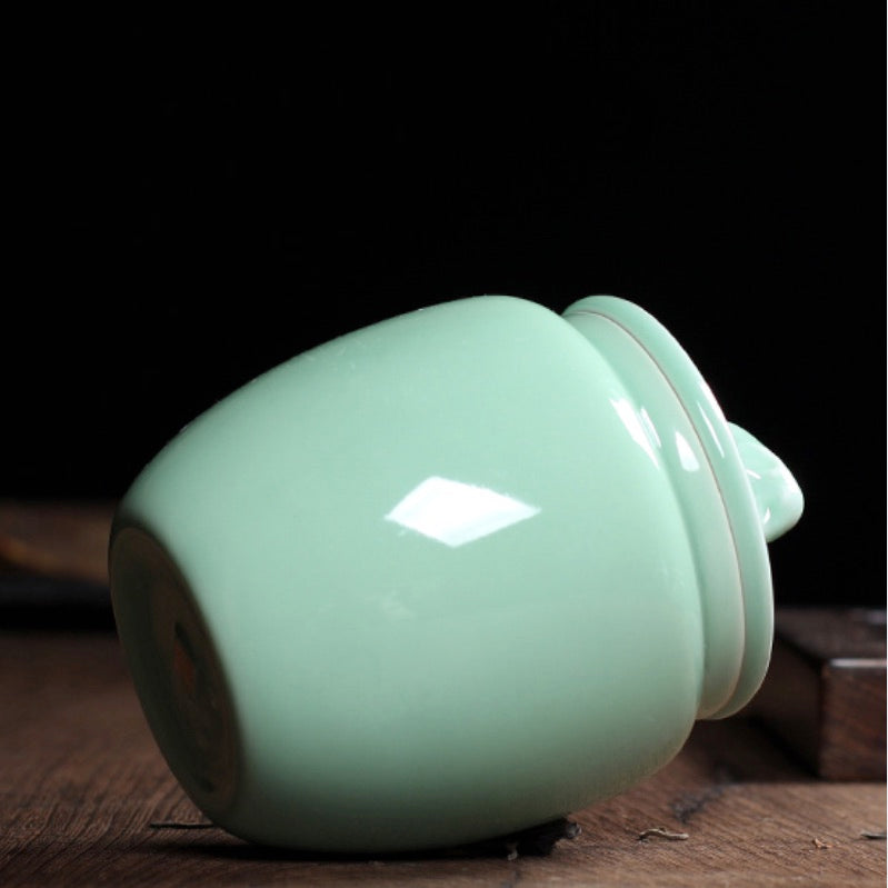 Pure Handmade Porcelain Tea Caddy, Longquan Celadon, Plum Green Color