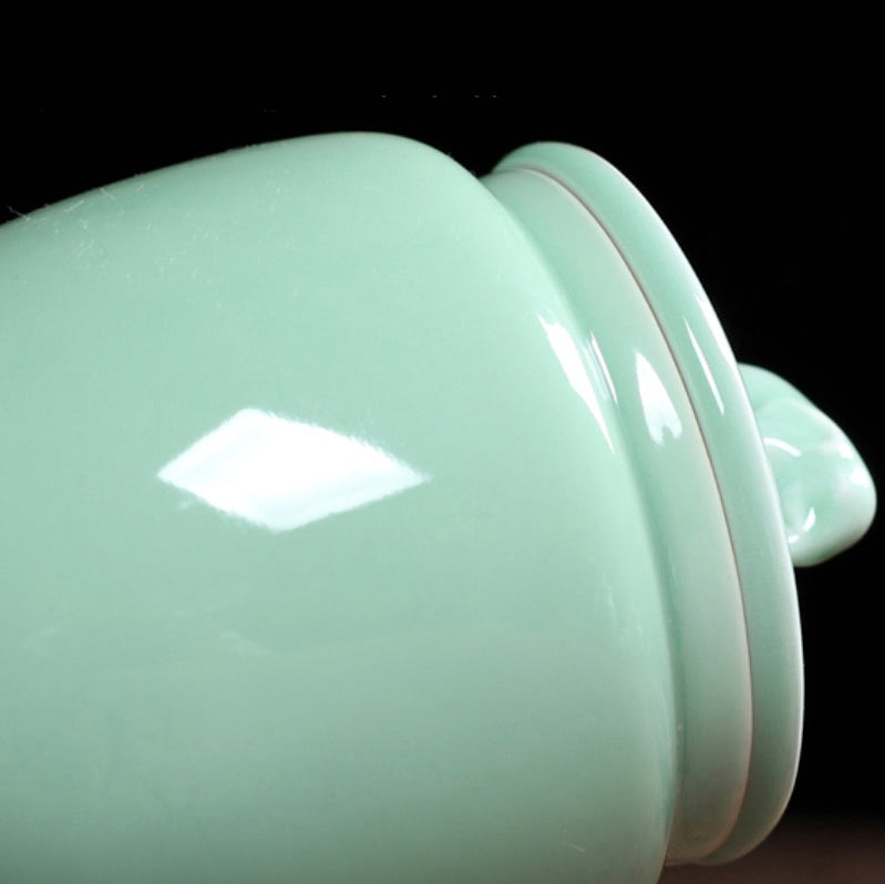 Pure Handmade Porcelain Tea Caddy, Longquan Celadon, Plum Green Color