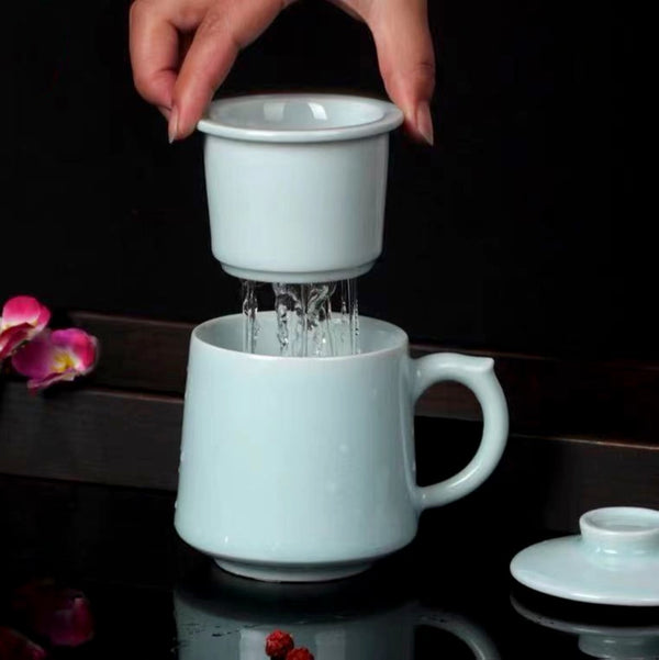 Porcelain Tea Mug With Strainer And Lid, Loose Leaf Tea Mug, Unique Tea Mugs, Longquan Celadon