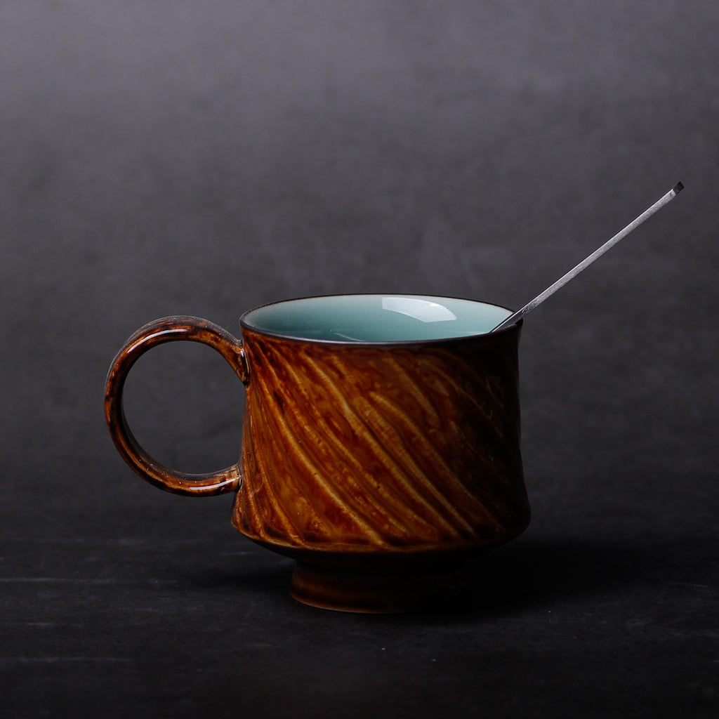 12 oz Japanese-style Vintage Ceramic Coffee Mug with Wood Handle
