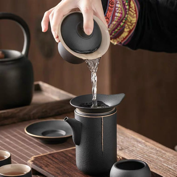 Japanese Style Tea Set, Black Pottery Tea Set, 9 PCs Included
