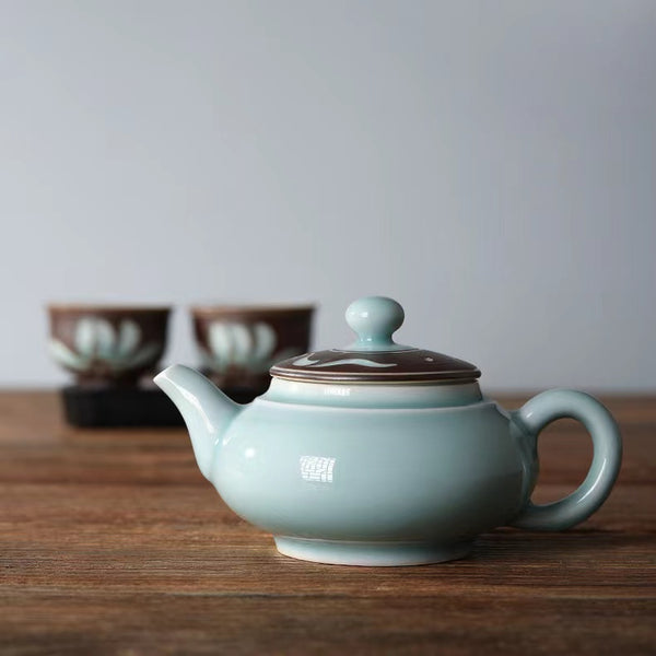 Japanese Style Tea Set, Handmade Chatter Mark Tea Set, 2 Cups Teapot Set, Longquan Celadon