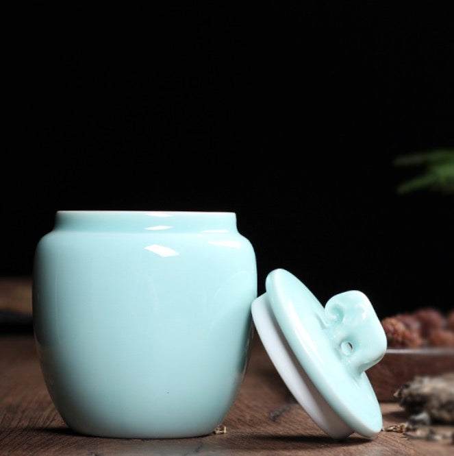 Pure Handmade Porcelain Tea Caddy, Longquan Celadon, Light Greenish Blue
