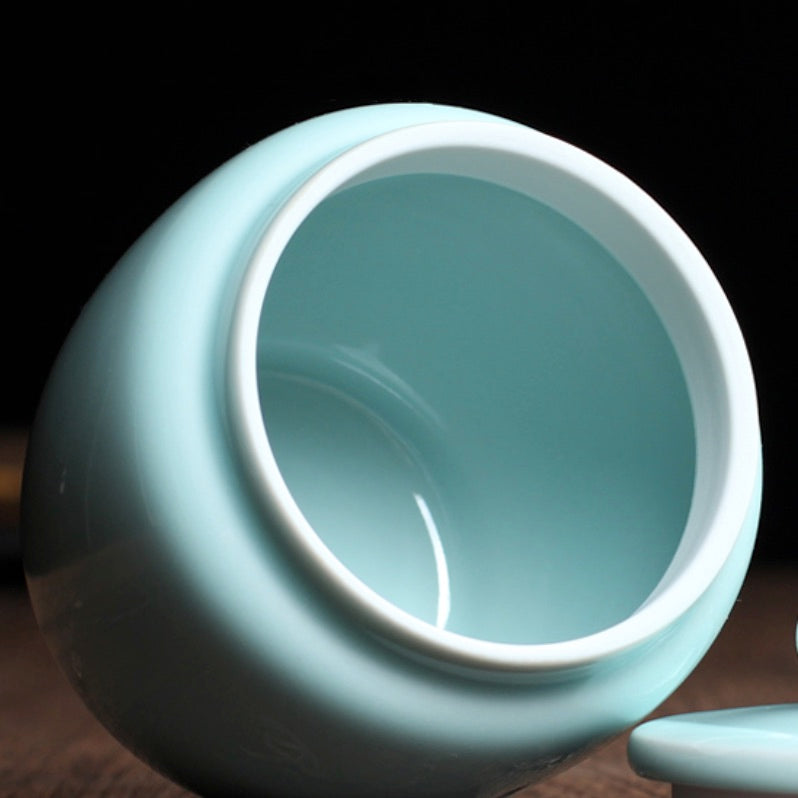 Pure Handmade Porcelain Tea Caddy, Longquan Celadon, Light Greenish Blue