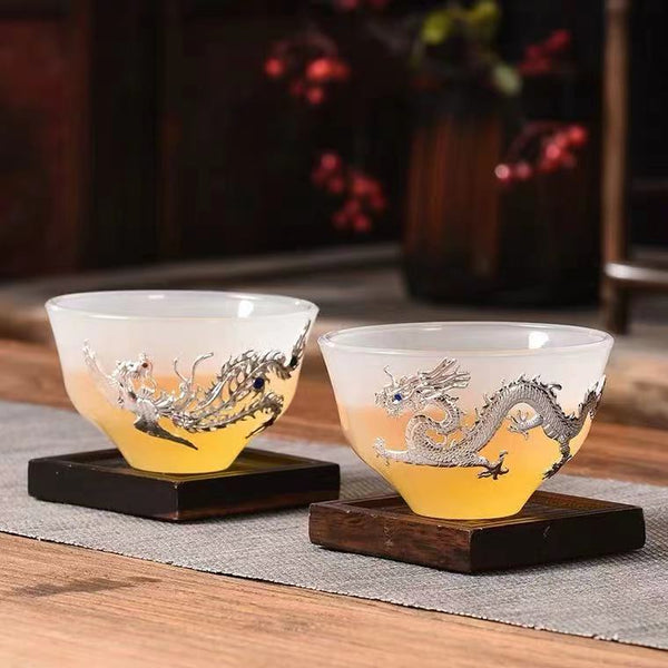 Traditional Chinese Tea Cups, Mate Tea Cup, 2 Cups In 1 Set, Silver Inlaid Colored Glaze Jade