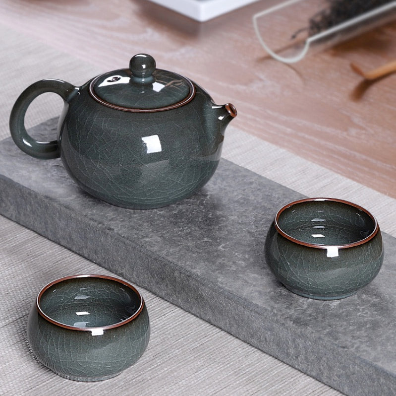 Chinese Tea Set, Handmade Tea Set, 2 Cup Teapot, Longquan Celadon, Dark Blue